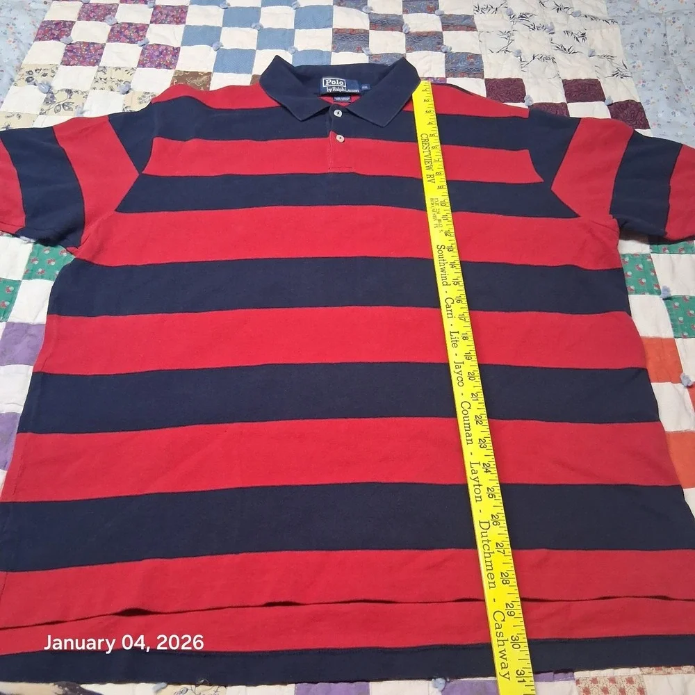 VTG Polo by‎ Ralph Lauren Shirt Size 2XL Red Blue Striped Cuffed Sleeve Pony